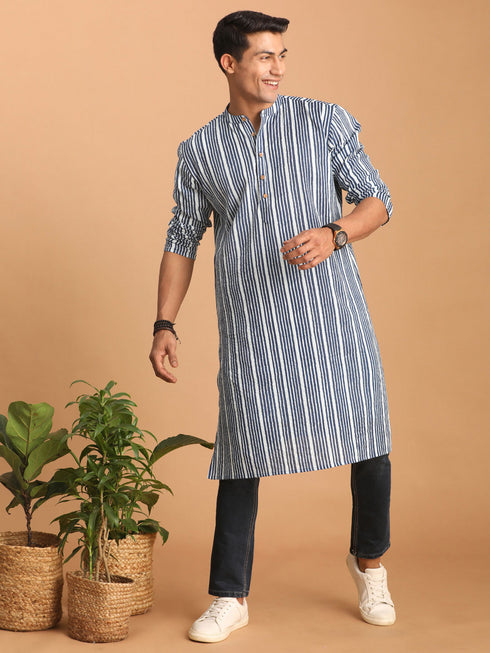 Men's White And Blue Striped Cotton Kurta